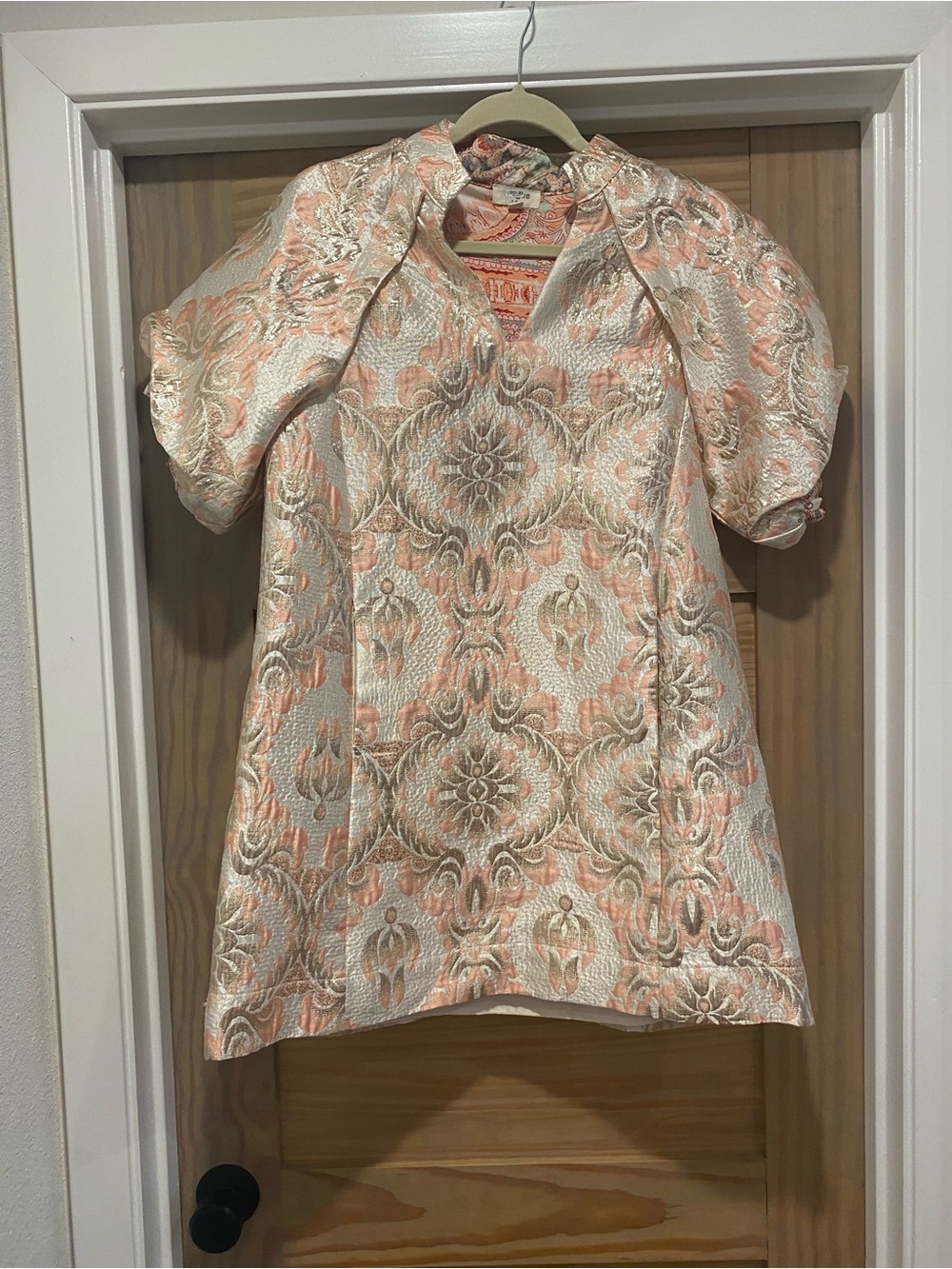 Umgee Peach and Cream Brocade Short Sleeve Formal Dress